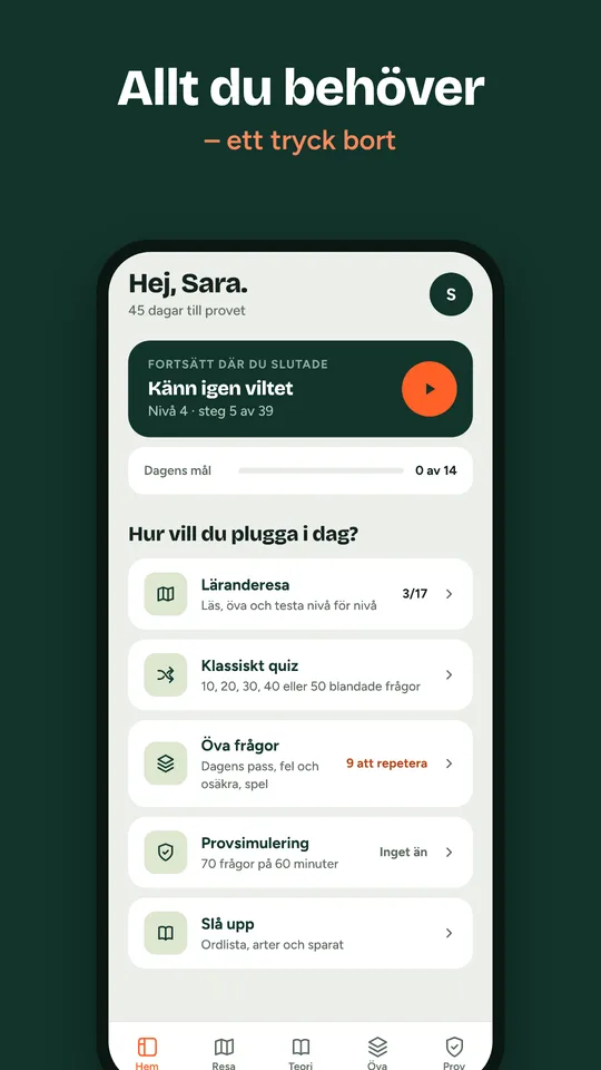 Jägarklars startsida med läranderesa, klassiskt quiz och provsimulering